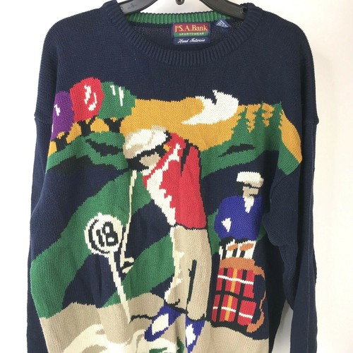 Vtg Golf Sweater Jos A Bank Hand Intarsia Knit Men