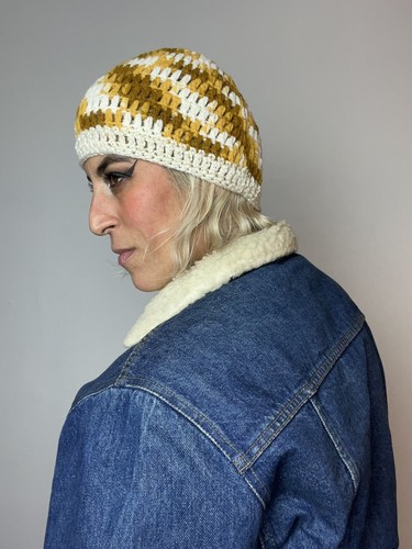 METALLIC GOLD Harvest Yellow 70’s 70s Vintage Wool Acrylic Skull Cap Beanie Hat - Picture 3 of 11