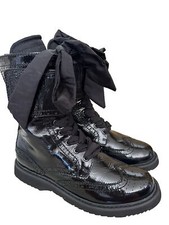 Prada Authentic Black Patent Leather Combat Boots Zip Lace Up Bow Sz 37 Us 7
