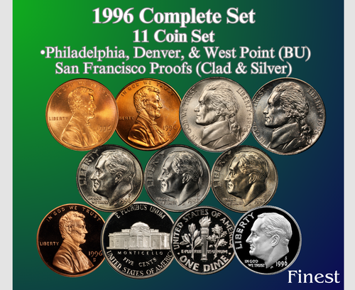 1996 P & D & W & S  LINCOLN JEFFERSON ROOSEVELT NEW  BU & PROOF 11 COIN SET - Picture 1 of 5