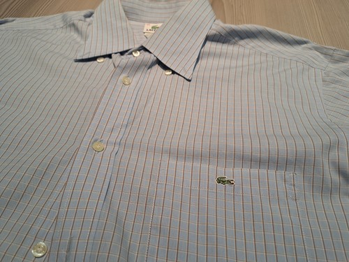 LACOSTE button front shirt size 44 blue check plaid gator logo france  - Picture 5 of 7