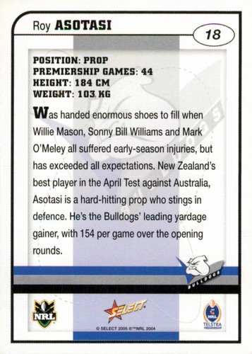 Signed 2005 Canterbury Bulldogs NRL Select Power Card - Roy Asotasi - Picture 2 of 3