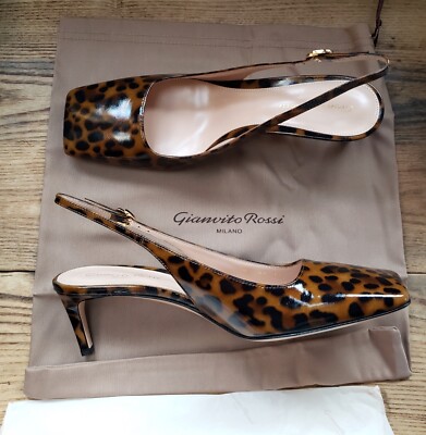 Gianvito Rossi Leopard Print Patent Leather Slingback Shoes 39 NIB