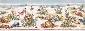 Wallpaper-Border-Ocean-Beach-Seashore-Seashell-shells-Flowers-and-Butterflies