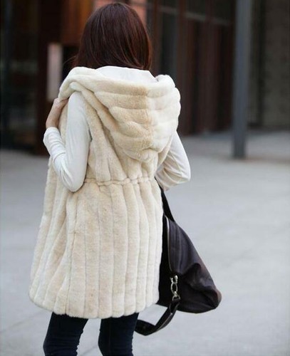 Outwear Waistcoat Womens Faux Rabbit Fur Hoodied Jacket Coats Sleeveless Vests - Picture 3 of 9