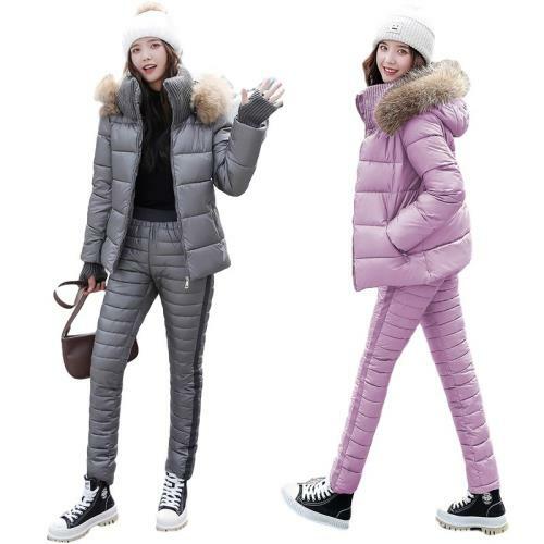 Winter Women 2-piece Suit Down Cotton Hooded Jacket Thicken Pants Outdoor Warm L