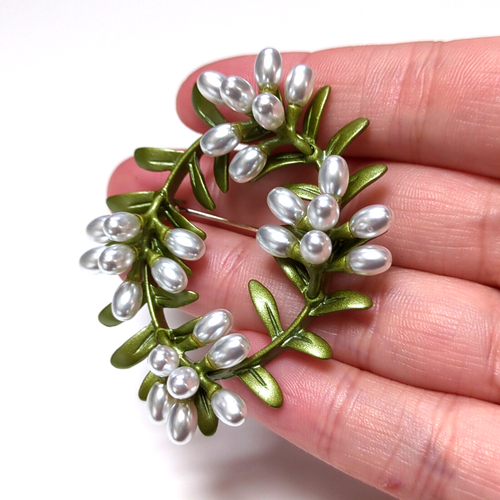 Silber Beerenkranz Brosche Anstecknadel emailliert & Perlenimitat Art Deco Stil Neu - Bild 4 von 7