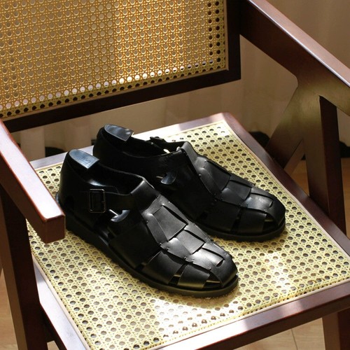 Retro Roman Style Closed Toe Sandals Buckle Real Leather Knit Mens Shoes Summer - Picture 15 of 22