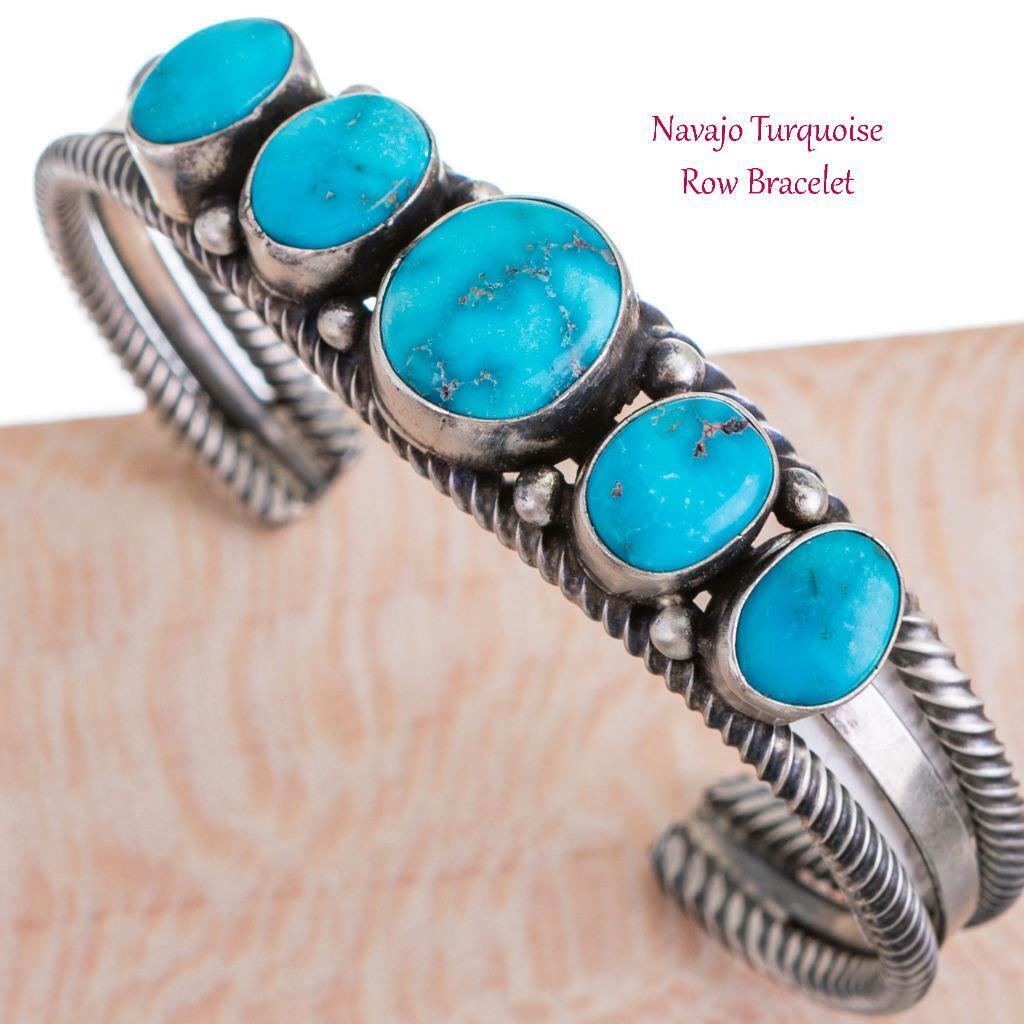 Navajo Turquoise Bracelet BLUE FOX Sterling Silver Row Cuff Vintage Old  Style