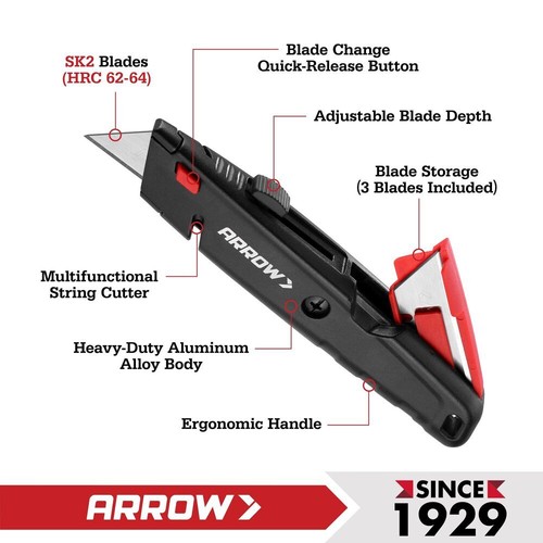 ARROW Retractable Utility Box Cutter Quick Change Blade Aluminum Razor Knife USA - Picture 4 of 9