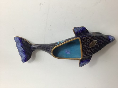 Vintage bemalter Delfin Emaille Goldrand Fische Wellen - Bild 5 von 5