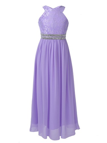 Big Girls Halter Neck Chiffon Long Party Wedding Evening Prom Gown Flower Dress - Picture 14 of 63