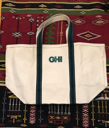 Vintage 70’s LL Bean Boat & Tote Bag Canvas Green Ivory X Large Bag NEW - Picture 2 of 12