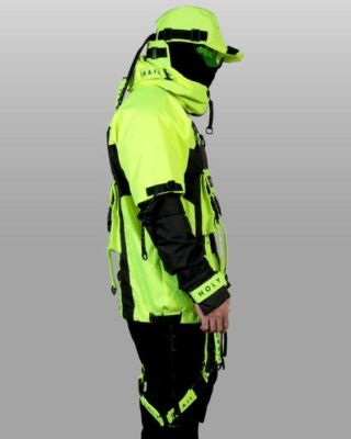Men's Techwear Neon Green Jacket Hoodie Full Zip Buckle H G