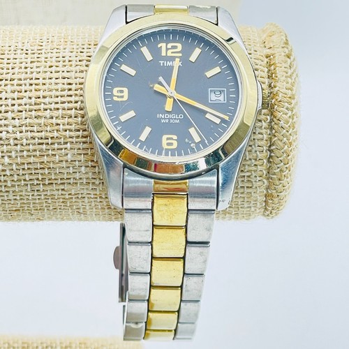 Reloj de pulsera TIMEX Indiglo para hombre tonos metálicos mixtos esfera negra cuarzo LEER - Imagen 4 de 6