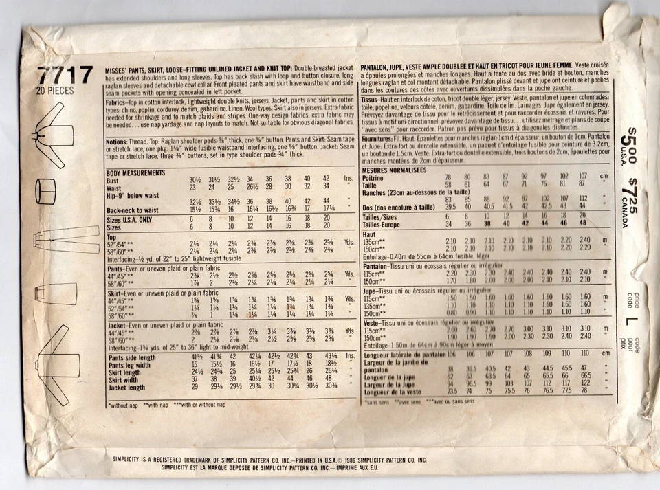VTG SIMPLICITY 7717 SEWING PATTERN LADIES JIFFY WARDROBE 1986 UNCUT SZ 16 28 20 - Image 3 of 3