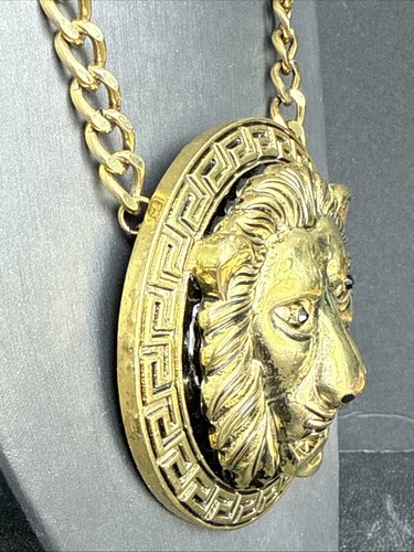 Chunky Large 3D Lion Head Necklace Gold Tone Black Enamel Rhinestone Eyes - Picture 5 of 13
