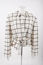 St. John Womens Jacket Blazer Wool Blend Sz 12 Ivory Black Windowpane Belted NWT