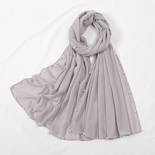 Women's Chiffon Hijabs Scarves Pearl Studded Solid Color Muslim Headscarves Wrap - Picture 21 of 24