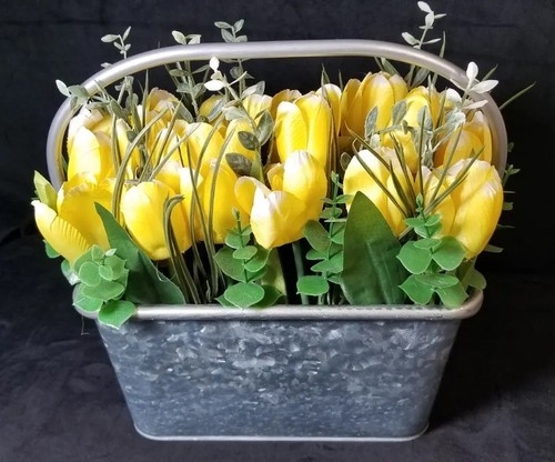 Künstliche gelbe Tulpen Narzissen Blumenarrangement in Metall Blech Frühling  - Bild 2 von 7