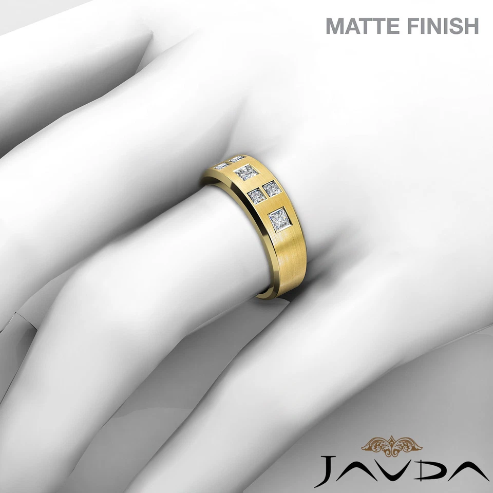 6.75mm Mens Wedding Band Princess Diamond Matt Finish Ring 14k Yellow Gold 1Ctw - Изображение 4 из 4