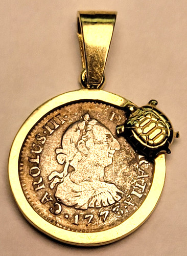 1773 Spanish Lima Peru 1/2 Reales In 14K Bezel w/ Turtle adornment