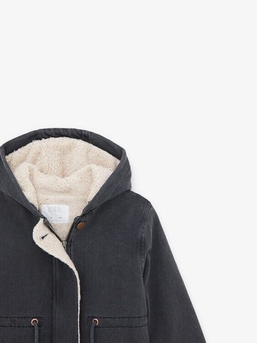 Zara Kids Girl Faded Denim Parka With Faux Shearling Black 8574/709 NWT - Picture 5 of 5