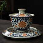 Antique Style Porcelain Gaiwan Crackle Glaze Ceramic Tureen Covered Bowl Saucer