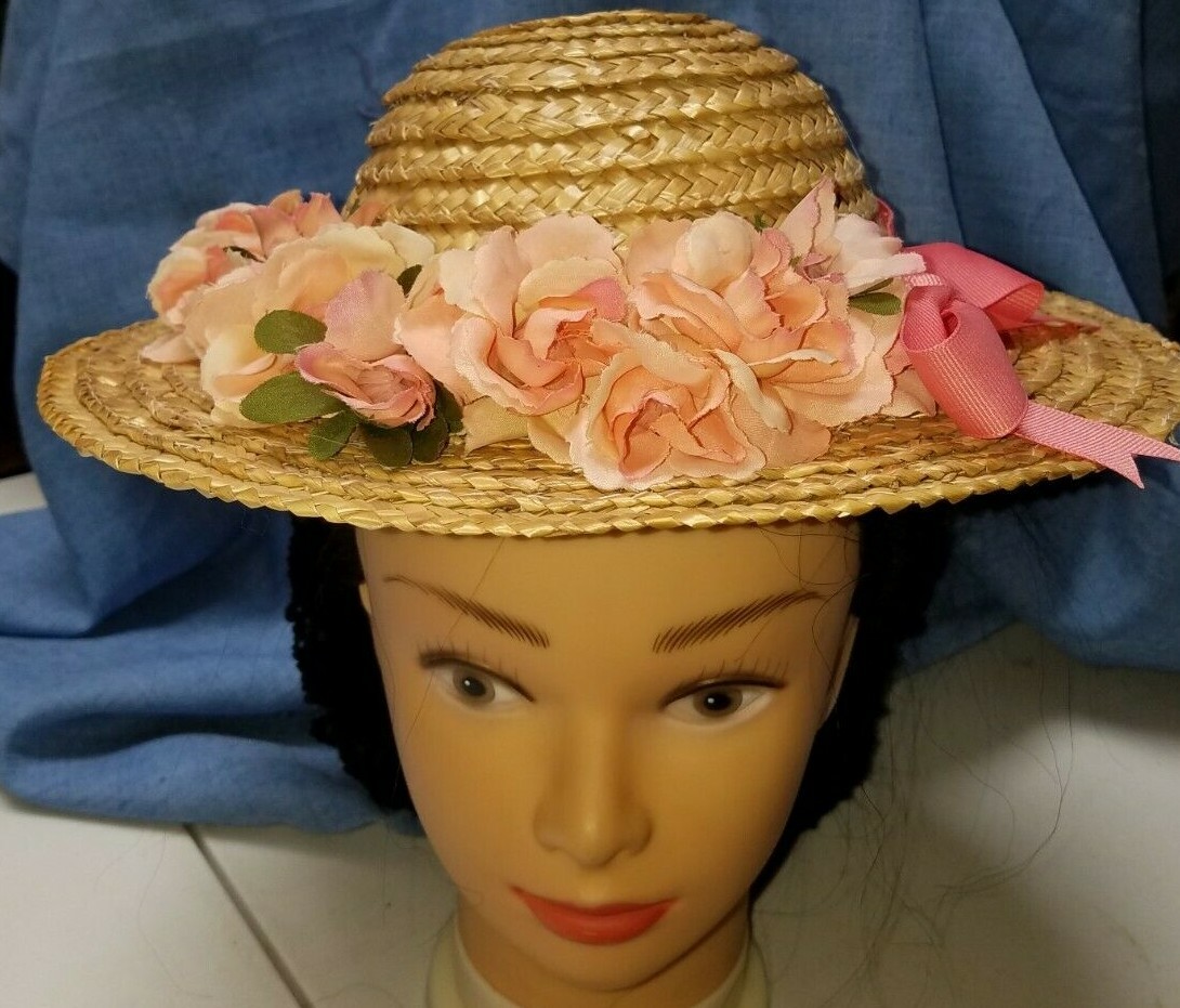 Girl's HAT Low Crowned Natural Straw 1840-1860's Peach Ribbon and