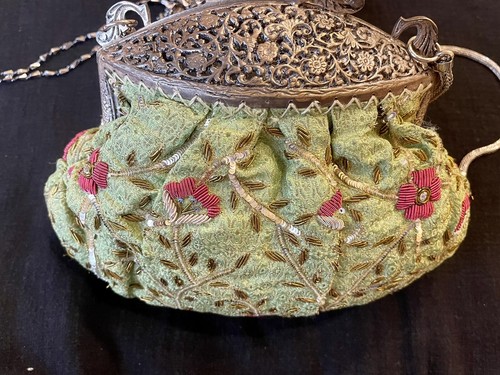 Sage Green Purse, Zardozi Embroidery, Silver Tone metal Filigree Frame & Mirror - Picture 2 of 11