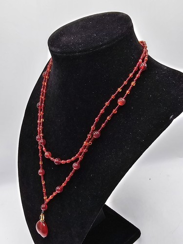Vintage 925 Silver Red Carnelian Red Glass Seed Bead Necklace Set - Picture 2 of 8