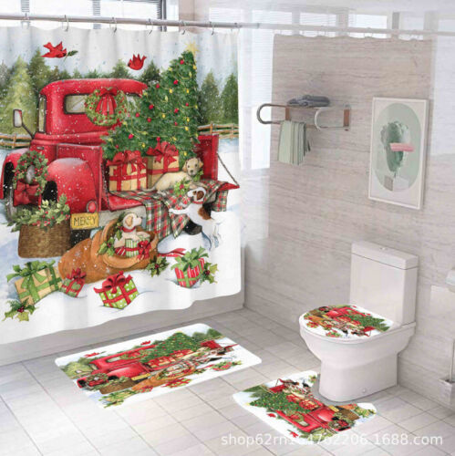 Christmas Santa Claus Shower Curtain Bathroom Rug Mat Non-Slip Toilet Lid Cover - Picture 38 of 53