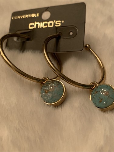CHICOS GOLD CONVERTIBLE EARRINGS WITH AQUA & TURQUOISE GLASS STONES ~NWT~ WOW!!! - Bild 5 von 5
