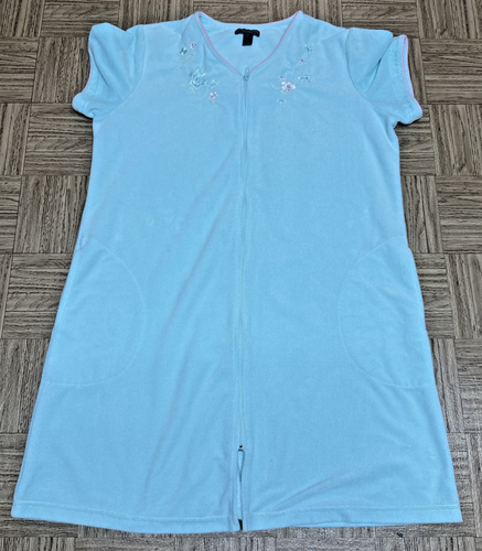 Miss Elaine Zip Front Terry Short Robe Women's XL Teal Short Sleeves - Picture 8 of 11