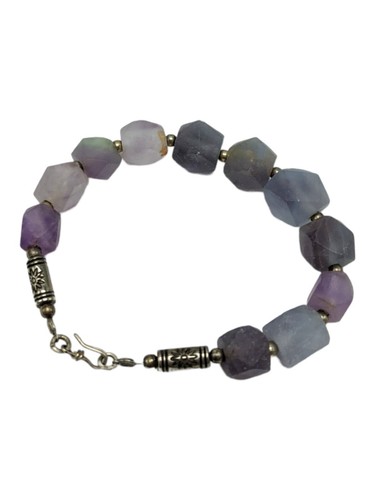 Sterling Silver Raw Iolite Frosted Bead Bracelet 7" - Picture 2 of 3