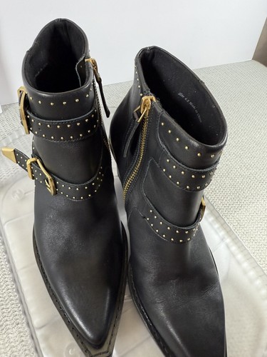 Dolce Vita Ronnie Black Ankle Boots Gold Studs Buckles Western Heels 6.5 Pointed - Picture 3 of 7