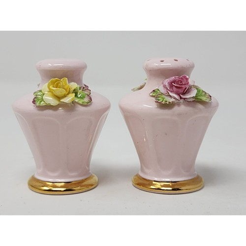 Vintage Five Towns China (England) Salt Pepper Shakers With Tray Red Yellow Rose - Picture 9 of 14