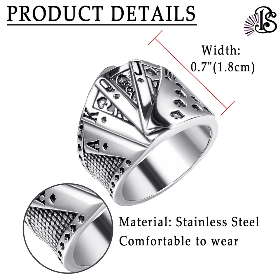 Anillo de cartas de póker de casino de motociclista para hombre punk banda de declaración de acero inoxidable talla 7-13 Foto 4 de 4