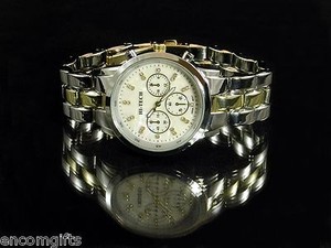 Mens-CHRONOGRAPH-STYLE-WATCH-Silver-Gold-Bracelet-Band-Pearlized-Rhinestone-Face