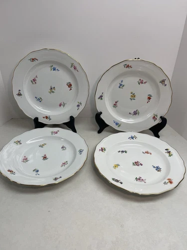 Meissen Scattered Flowers 9-7/8” Plate Set Of 4 Gold Edge X Mark