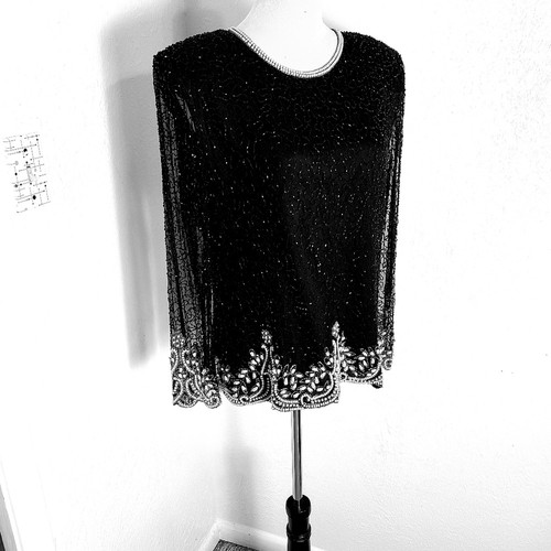 Laurence Kazar Black Formal Blouse with Shiny Sequins, Pearls & Beads, Size XL - Picture 2 of 8