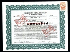 1937 St Petersburg Florida - Vinoy Park Hotel Co  - EX RARE Stock Certificate