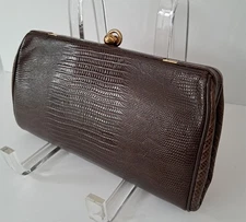 Vintage ETRA Brown Lizard Embossed Leather Clutch or Shoulder Bag w/Chain Strap