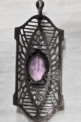 Amethyst Art Deco Style Sterling Silver Filigree Pendant 1.5" - Picture 3 of 5