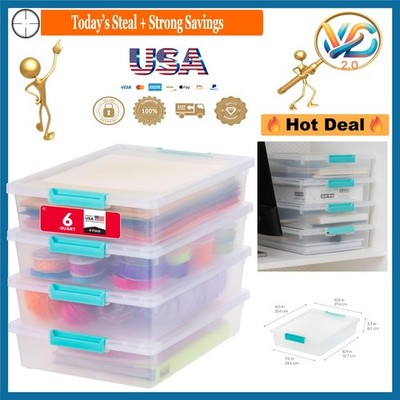 6 Qt. Storage Bins with Lids 4-Pack Clear Blue Stackable Plastic Organizer
