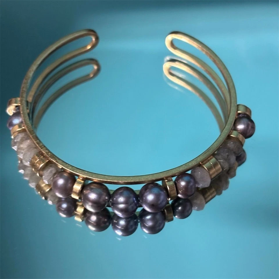 Pulsera Stella & Dot Mujer Puño Tono Dorado Labradorita Gris Perla Cuentas Joyería Foto 2 de 4