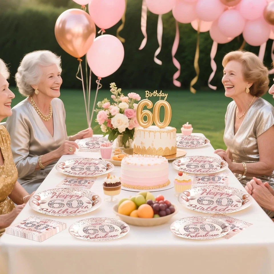 96 Pcs 60Th Birthday Party Supplies for Women Rose Gold 60 Years Old Paper Plate - Image 3 of 4