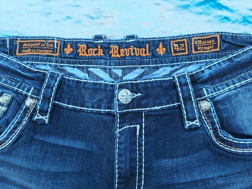 NWOT *Damage Hole* Mens Rock Revival Blue Jeans MOISES Straight 42 MES: 42X32 - Picture 4 of 14