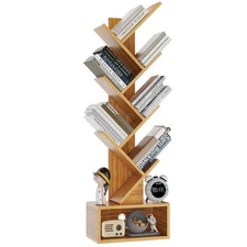 6 Tier Tree Bookshelf, Tall Bookcase, Wood Book Storage Rack with Drawer, Mod...
