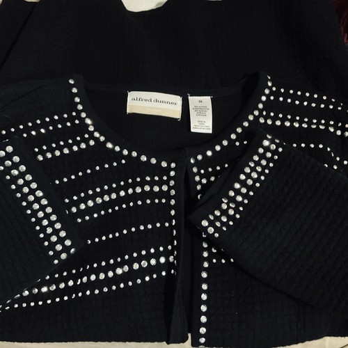 alfred dunner cardigan sweater waffle knit black open front silver stud accent   - Picture 8 of 10